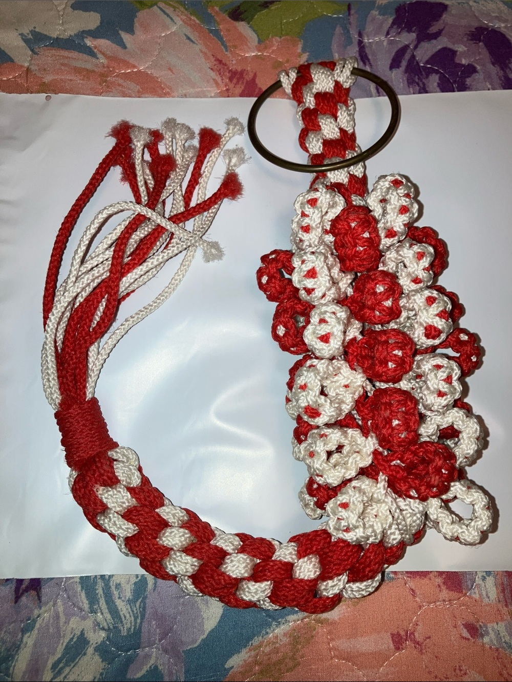 Festive Red & Cream Crochet Macrame Holiday Door Hanger Decor